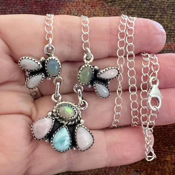 ❤️ Ethiopian Opal, Larimar, Natural Pink Opal 19” Adj Necklace 925 Navajo 14.3gm - Picture 1 of 17
